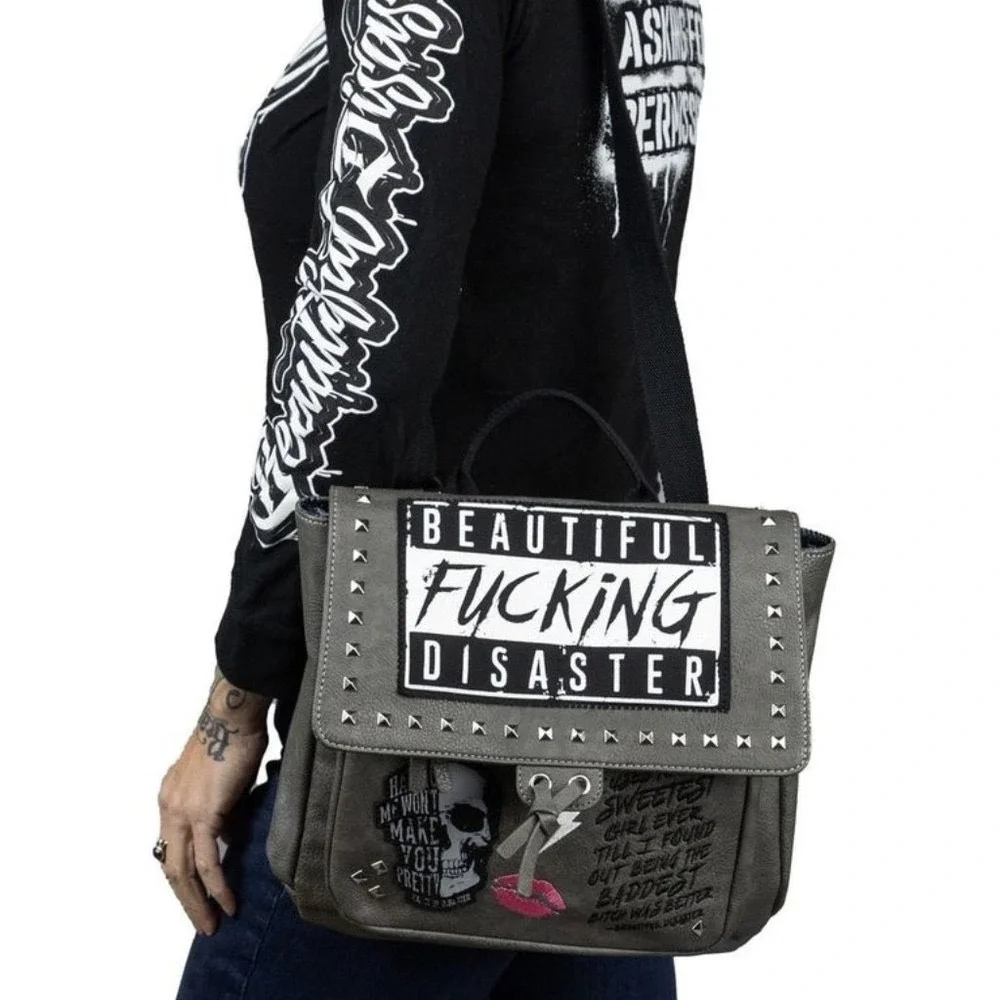 Beautiful Disaster Grey Studded Convertible Backpack Crossbody Bag Skull Punk